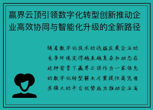 赢界云顶引领数字化转型创新推动企业高效协同与智能化升级的全新路径